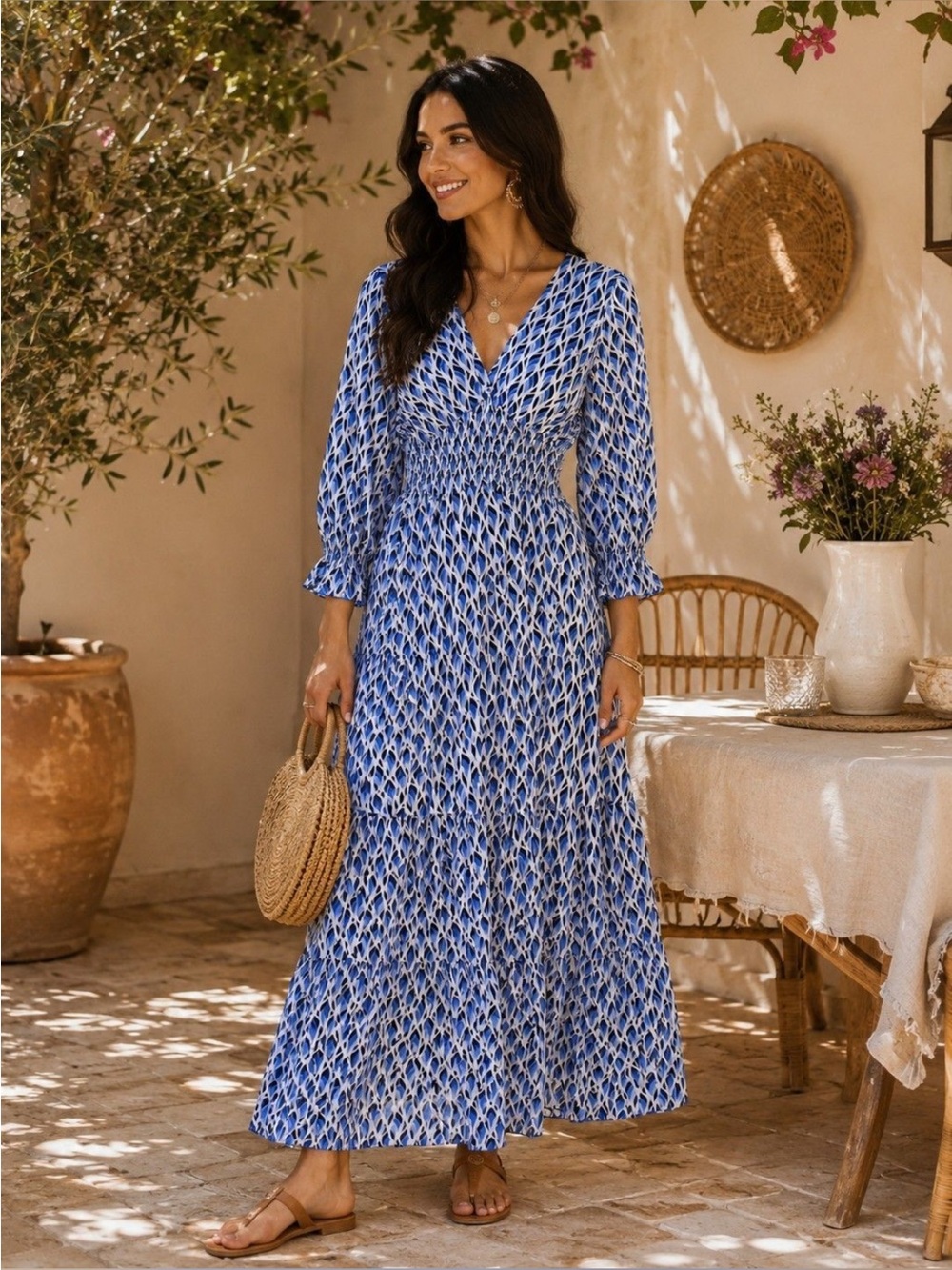 Indie Boutique Blue and White Patterned Midi Dress with Puff
